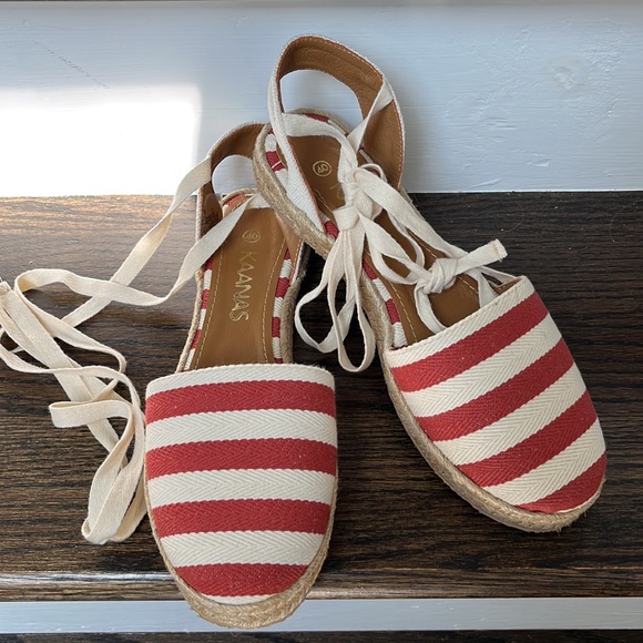 Anthropologie Shoes - Kaanas by Anthropologie Espadrilles Red Stripe Lace Up Cotton Leather Lined